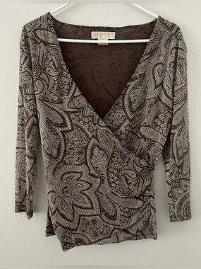 Michael Kors Brown Paisley Mesh Faux Wrap Top Womens M Sheer 3/4 Sleeve Boho Y2K